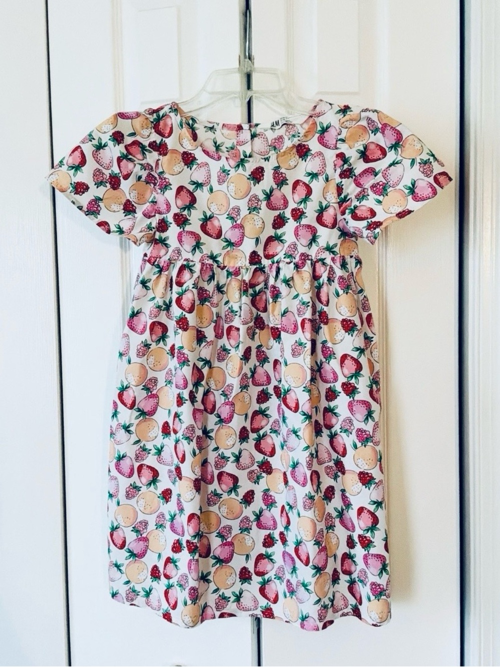 H&M Fruit Themed Babydoll All Cotton Girls Dress Button Back Short Sleeve US7